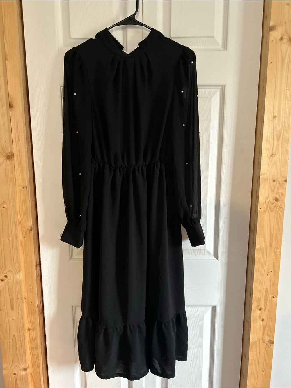 SHEIN Black Long Sleeve Midi Dress with Pearl Sleeve Accents